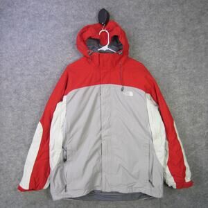 North Face HyVent Jacket Mens Large Red Gray Hooded Waterproof Ski Coat Winter